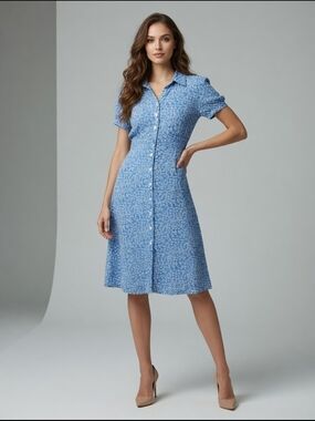 Blue Button-Front Shirt Dress